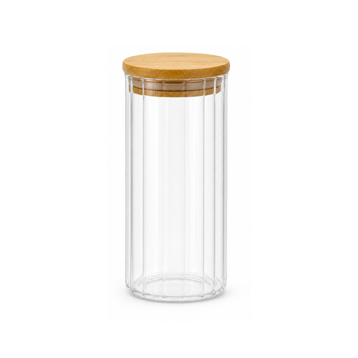 [13-R504] Striped Transparent Glass Jar with Bamboo lid 9 cm x 12 cm