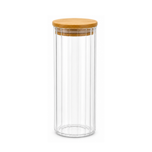 [13-R505] Striped Transparent Glass Jar with Bamboo lid 9 cm x 15 cm